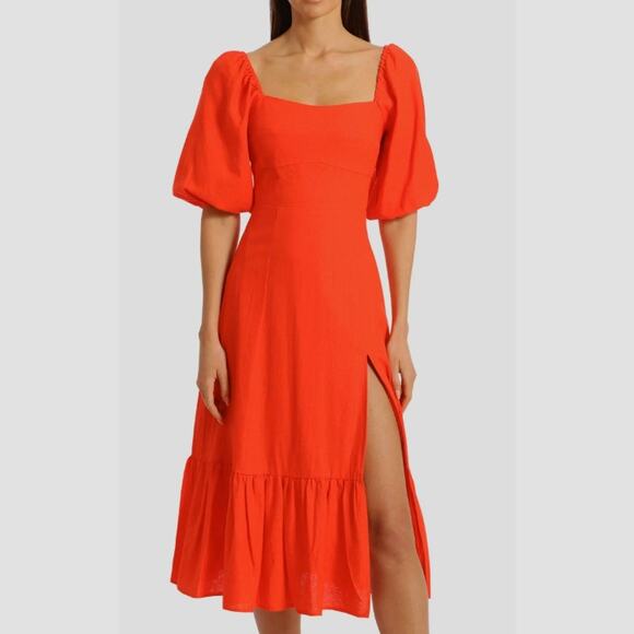 Avec Les Filles Coral Orange Puff Sleeve Side Slit Tiered Midi Dress Sz 2 XS - Picture 1 of 11
